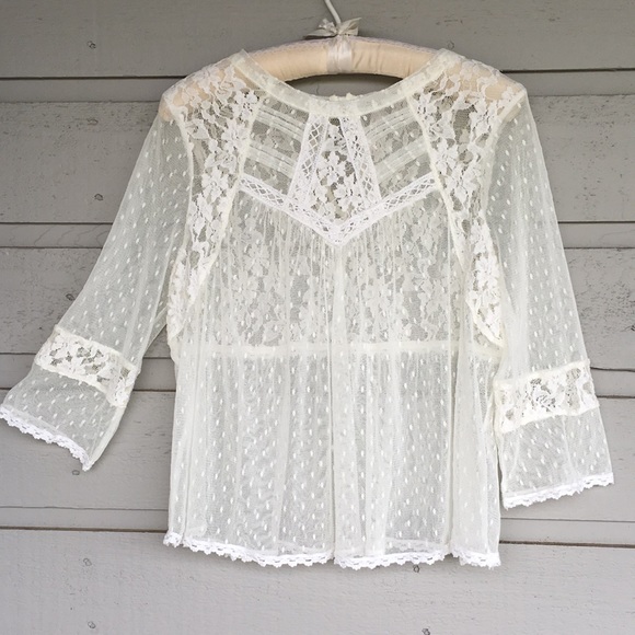 FREE PEOPLE BOHO IVORY/OFF WHITE MODERN ROMANCE SHEER LACE TOP - Picture 5 of 13